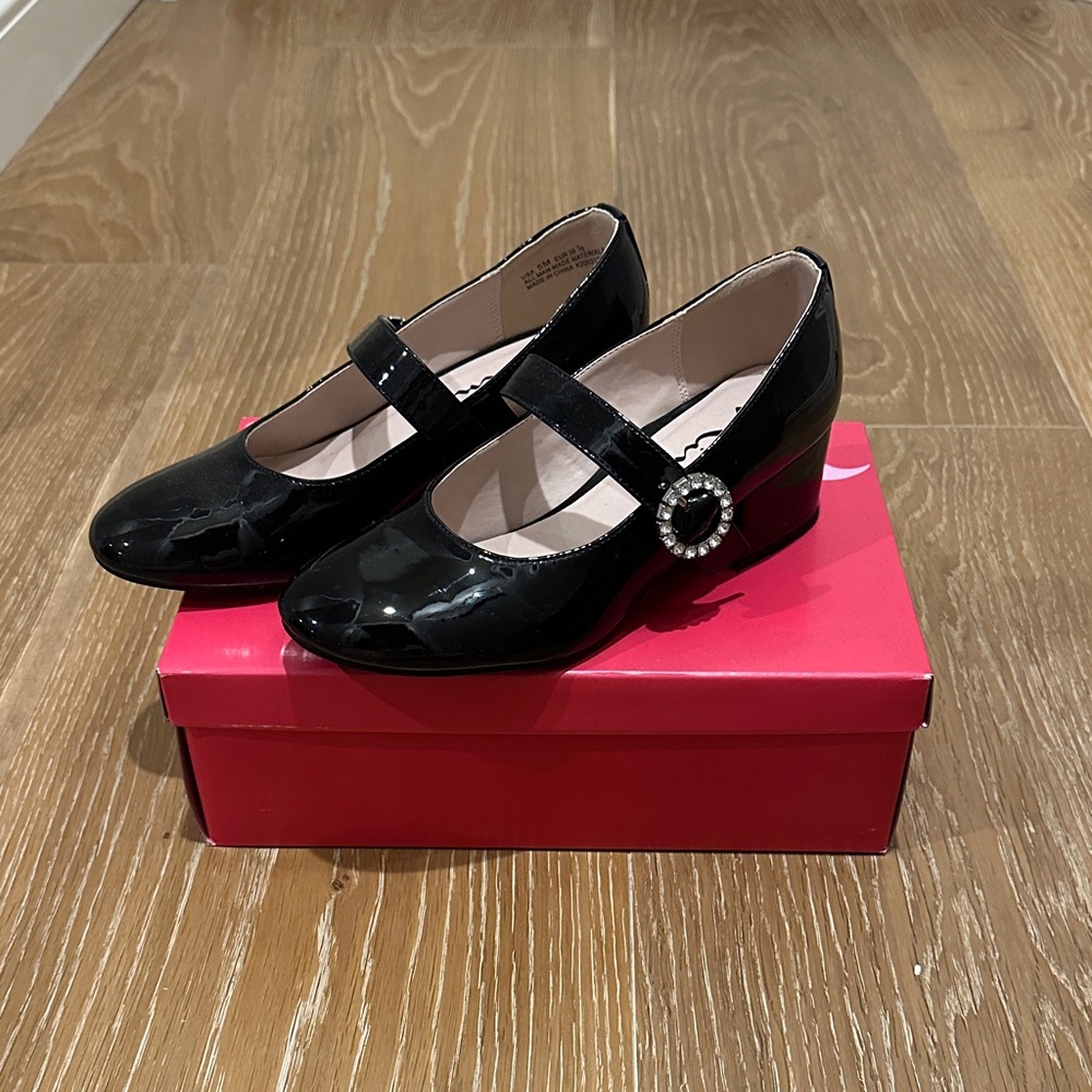 Nina Black Patent Mary Jane Shoes with Rhinestone Accent